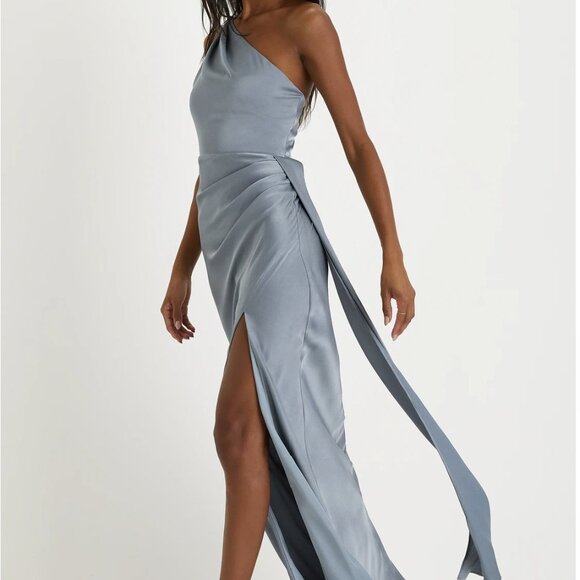 Lulu's Signature Elegance Slate Blue Satin One-Shoulder Maxi Dress-Small - Picture 2 of 5